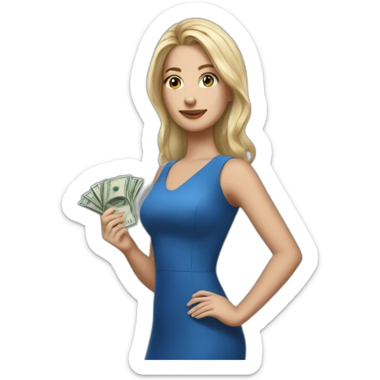 yasmin brunet Realistc white girl in a blue dress her hair out holding the money sticker