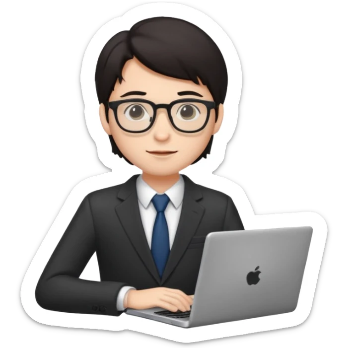 un estudiante con lentes y su laptop CON TERNO Y CABELLO NEGRO sticker