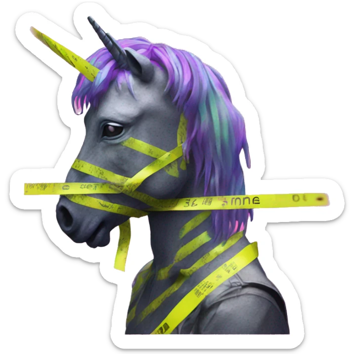 .Zombie_ Vaporwave black holographic oilslick zombie unicorn yellow caution tape sticker
