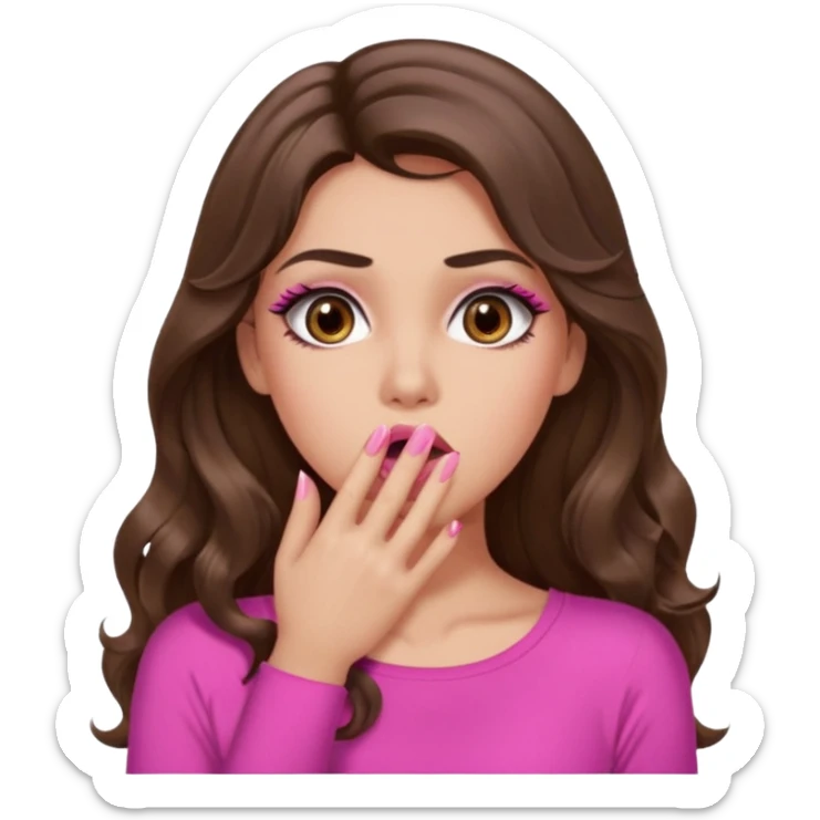 girl with long wavy brown hair, brown eyes, long lashes makeup, sexy pink lips, light to medium complexion, pink sexy top, shocked, hand covering mouth sticker