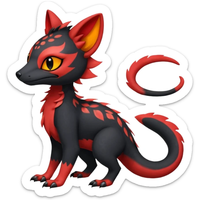 Rare realistic cute gothic Salandit-Litten-Quilava-Genet-species-Fakemon-hybrid-creature, with fiery markings, full body sticker