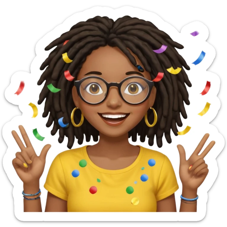 Black female with dark dreadlock hair wearing large round glasses and a yellow top celebrating with confetti sticker