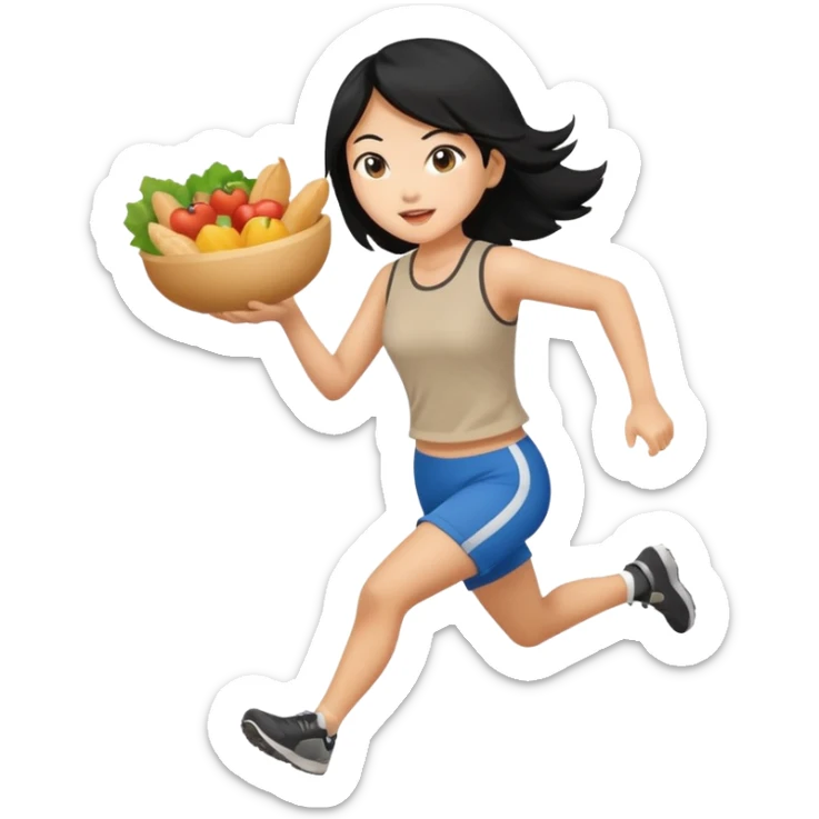 Asian woman with black hair running with food in hand sticker