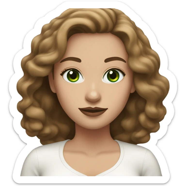 Woman with (green eyes), (long wavy brown hair), (white skin), and (pink lipstick) sticker