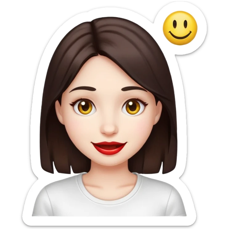 A pale girl with dark brown hair and eyes. Her lips are a light cherry colour. She is wearing a white t-shirt with a smiley face on it sticker