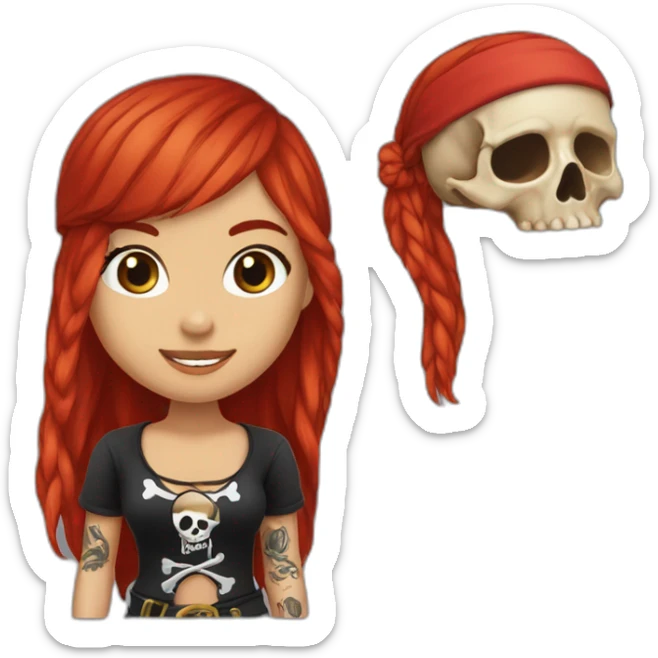 Woman long red hair, undercut, left side of head is shaved, tattoo on left side of head, pirate hat, skull and crossbones t shirt sticker