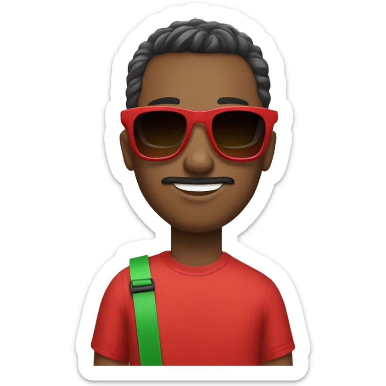 man wear red T-shirt and sunglasses and balls and green shoes sticker