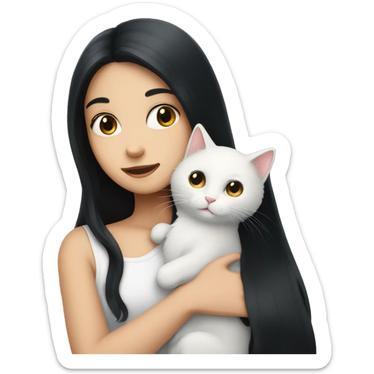 girl with very long black hair and  hugging a white cat sticker