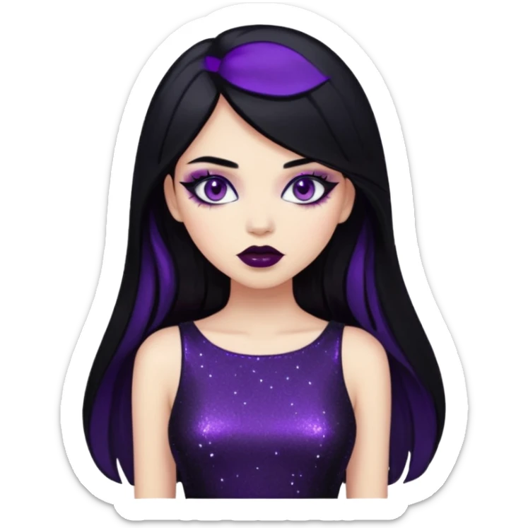 girl with long black hair, shiny glittery black night dress, purple makeup, dark red lipstick, edgy vibe sticker