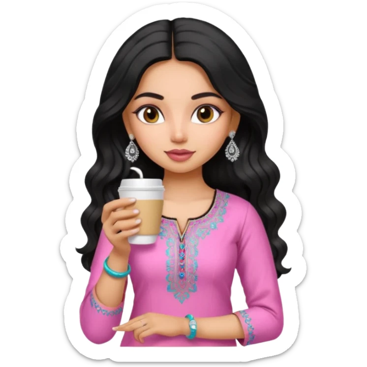 a pretty bratz fair indian girl wearing a pink kurti, drinking takeaway coffee. Silver jhumkas, black wavy hair sticker