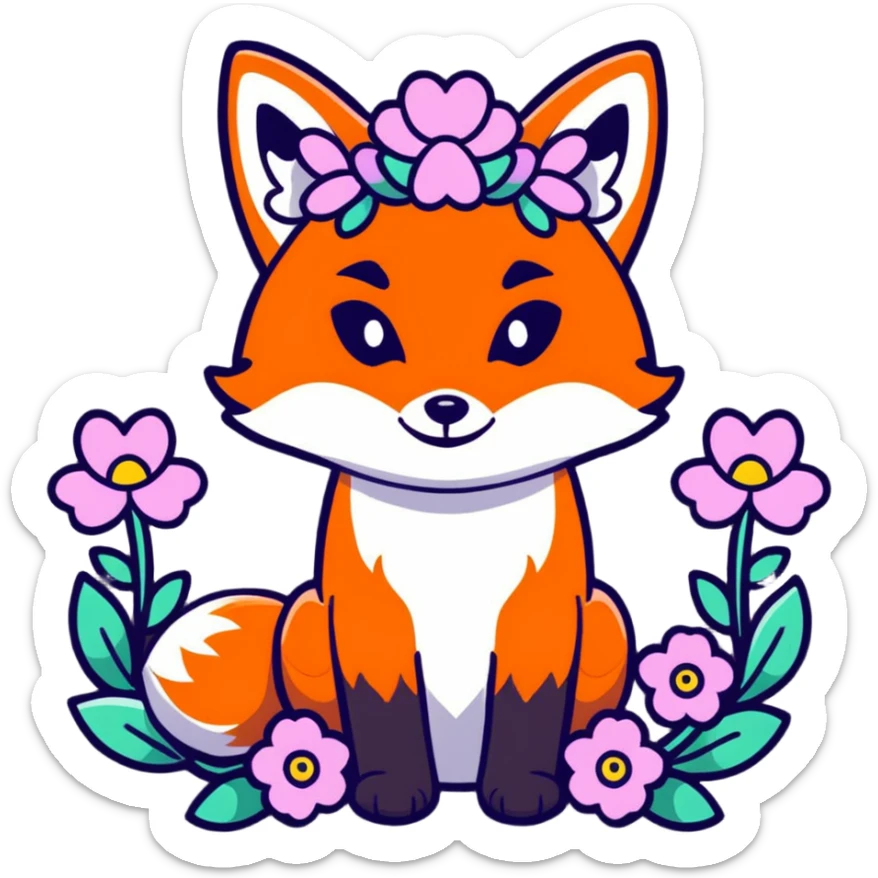 fox with a colorful flower crown, spring flowers, May Day festival vibe sticker