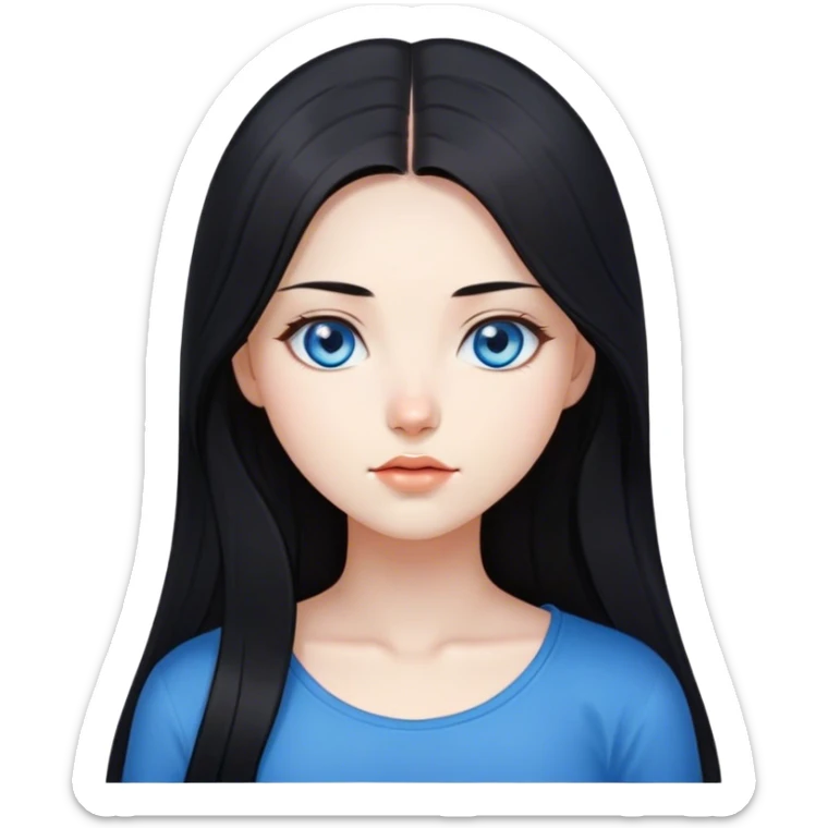 a girl with fair skin, straight long black hair, blue eyes, standing, very beautiful, very hot,Korean American Russian sticker