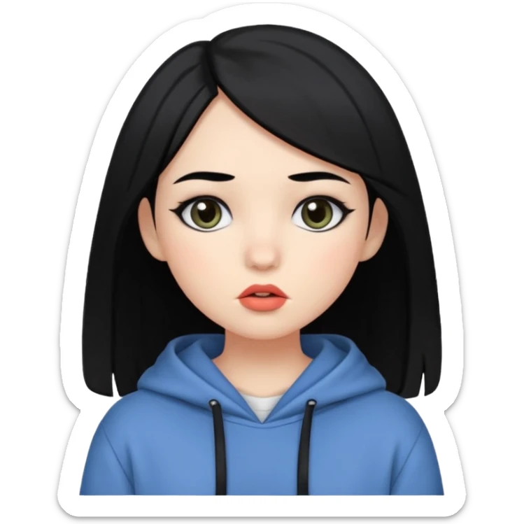 A bit white,has black hair and eyes, hush cut hair, has cute makeup, baggy clothes sticker