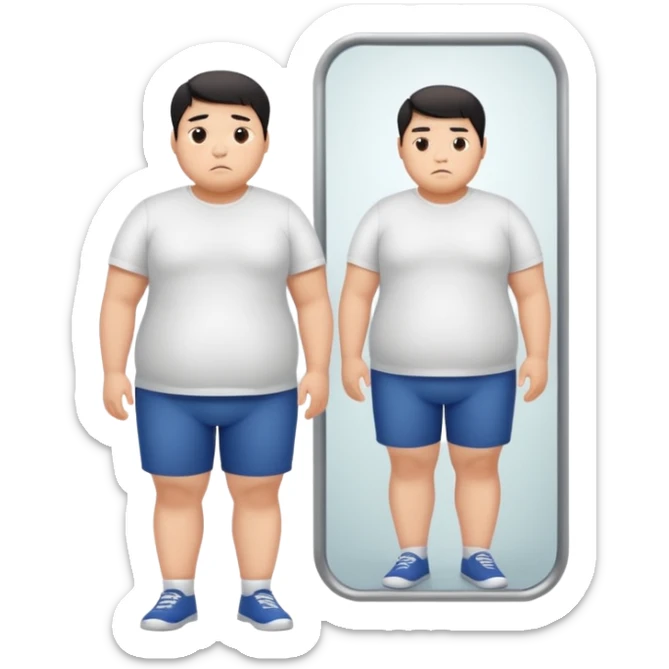 A young Asian guy looks sadly at his overweight body in the full-length mirror. sticker