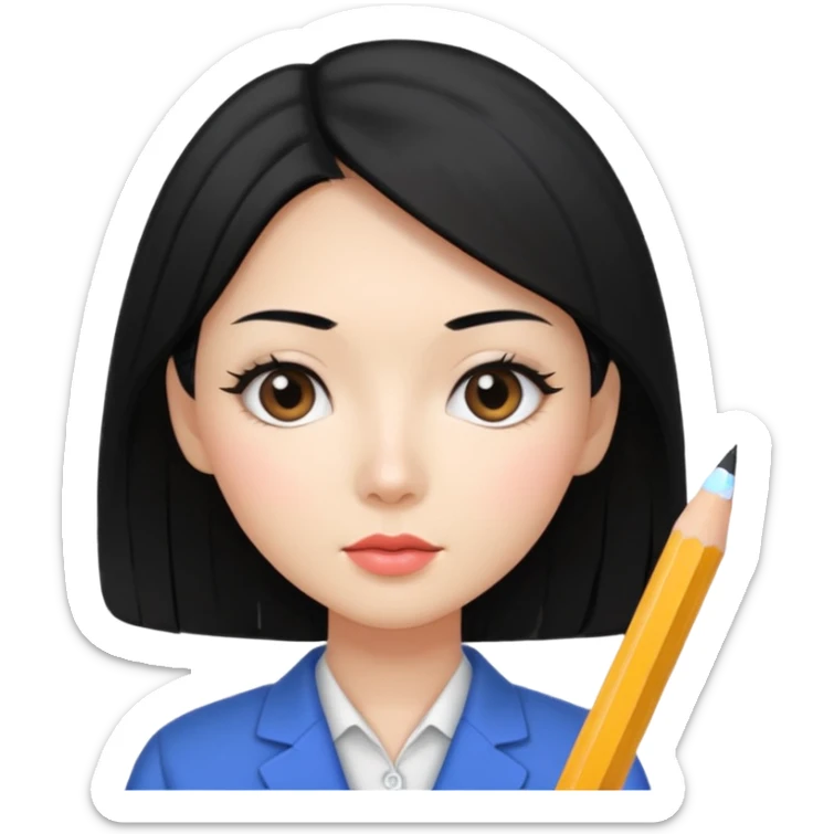 a korean cosmetics marketing expert women with black hair, holding a pencil sticker