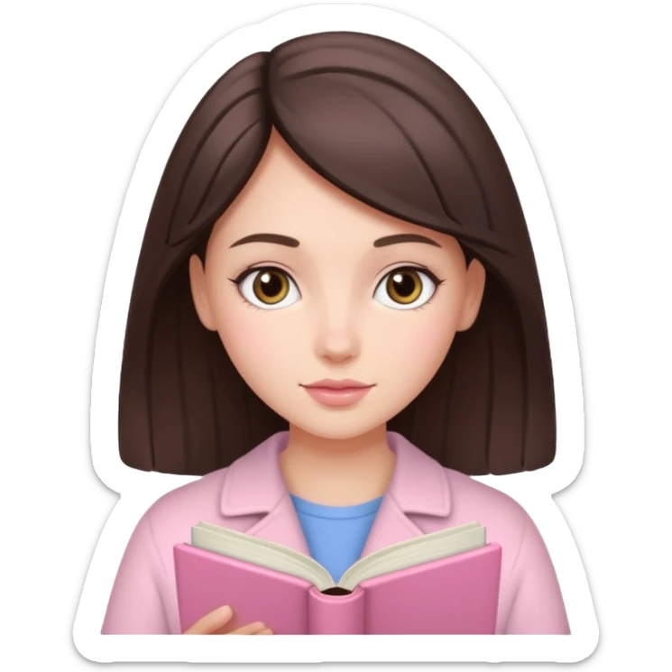 Beautiful brunette girl with fair skin reading a pastel pink book sticker