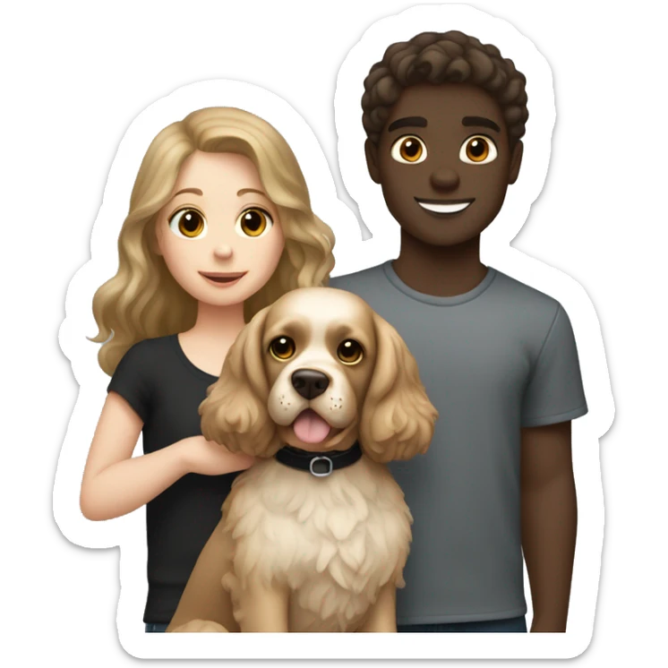 brown hair girl and Blond hair boy holding a black cocker spaniel sticker