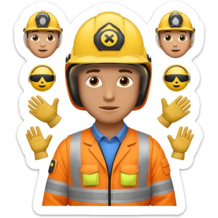 a guy wearing safety outfit with helmet standing , around him safety gears emojis  sticker