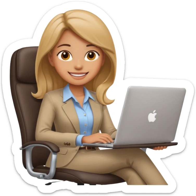 Cartoon faced girl relaxing in an office chair and smiling and working  sticker