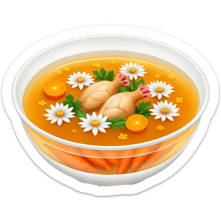 A bowl of chicken bouillon with carrots in shape of hand cut flowers sticker