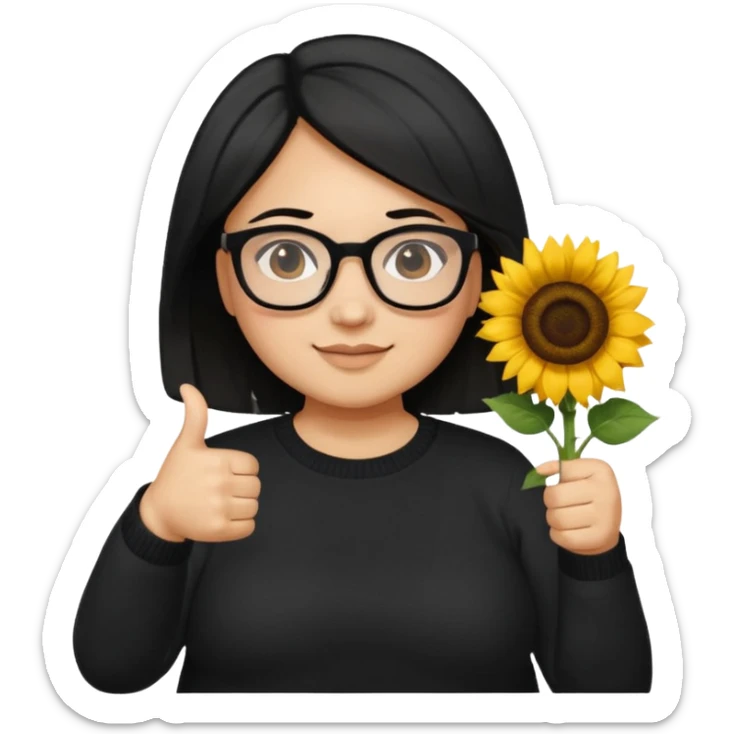 Make my biology teacher shes light brown, wears glasses, female, fat, all black sweater down and sunflower shirt under and make her give 1 thumbs up and she has black hair and chubby sticker