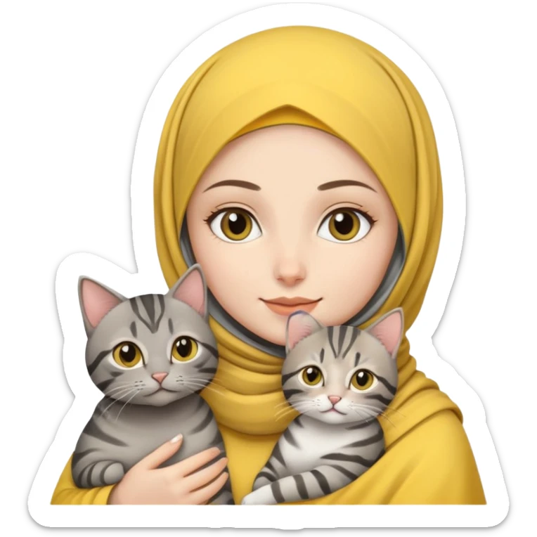White girl wearing yellow hijab holding a black and grey tabby cat sticker