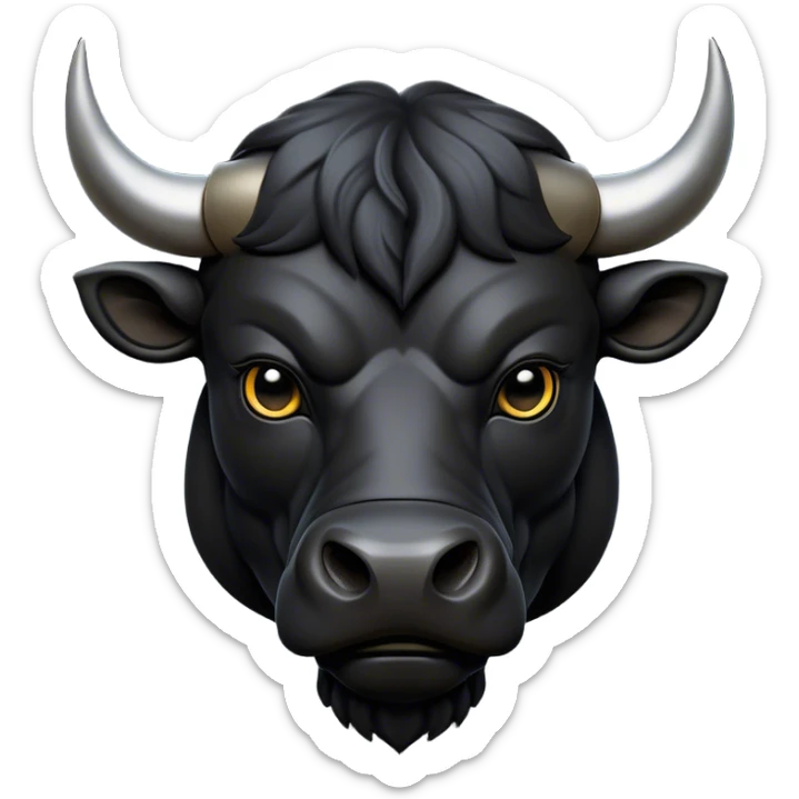 Cinematic Noble Black Bull Portrait Emoji, Poised and regal, with a massive, muscular build and a sleek, well-groomed pure black hide, deep-set soulful dark eyes, Simplified yet sharp and sophisticated features, highly detailed, glowing with a soft, dignified glow, high shine, intelligent and formidable, stylized with an air of strength, focused and attentive, soft glowing outline, capturing the essence of a watchful and confident guardian, so majestic it feels as though it could charge out of the screen with effortless authority! sticker