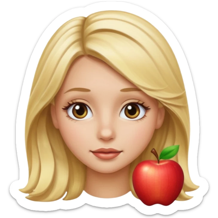 blonde girl with medium straight medium wavy hair, with eyelashes, apple emoji style, no text sticker