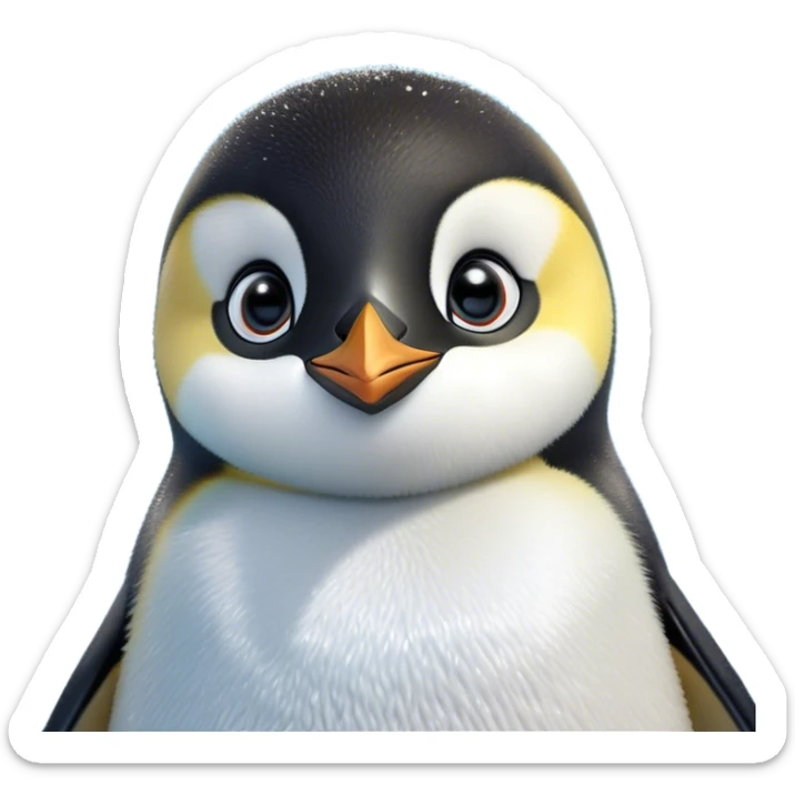 Cinematic Cute Emperor Penguin Portrait Emoji, Head tilted playfully and inquisitively, with glossy, pristine plumage accented by a bright beak and round, sparkling eyes filled with curiosity, Simplified yet irresistibly adorable features, highly detailed, glowing with a warm, friendly icy glow, high shine, affectionate and lively, stylized with a touch of whimsical charm, bright and endearing, soft glowing outline, capturing the essence of a mischievous yet loving penguin that feels like it could slide out of the screen into your arms! sticker