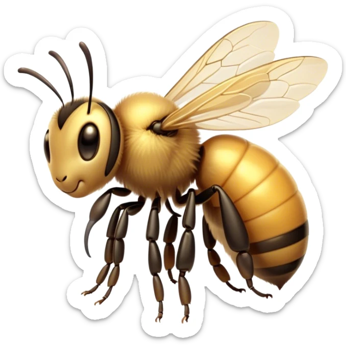 Beautiful and Majestic Bee Portrait Emoji, Head and body rendered in serene repose with a gentle, content smile, showcasing a tiny, fuzzy form with softly closed delicate wings and eyes in tranquil slumber, Simplified yet exquisitely endearing features, highly detailed, glowing with a soft, drowsy golden light, high shine, relaxed and utterly noble, stylized with an air of regal natural beauty, soft glowing outline, capturing the essence of a majestic bee that embodies the timeless charm of nature! sticker