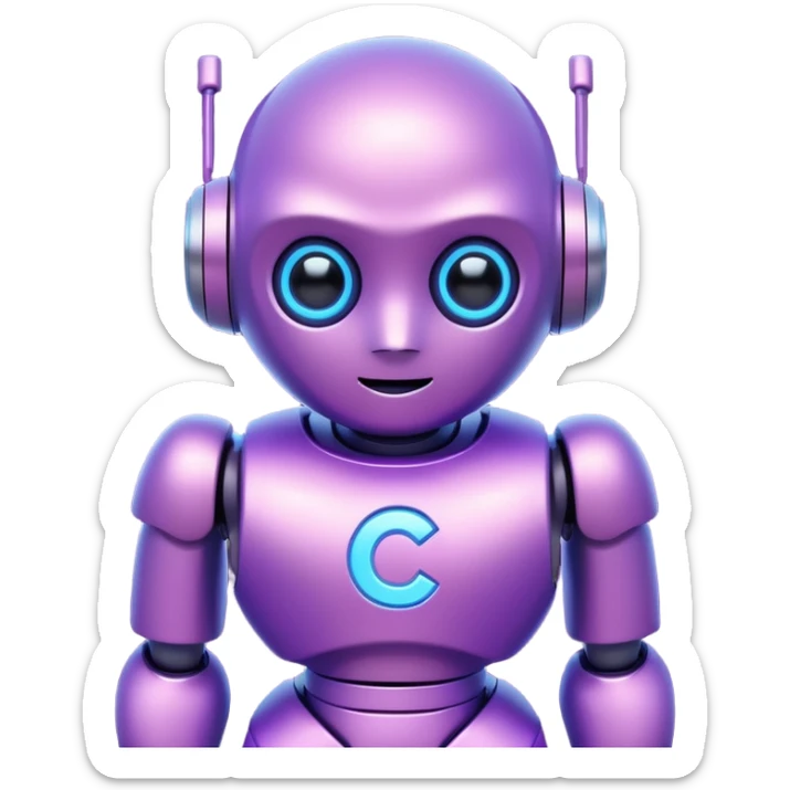 Cute mini robot character, purple body, white C symbol on the chest, soft neon glow, simple face with two bright blue eyes sticker