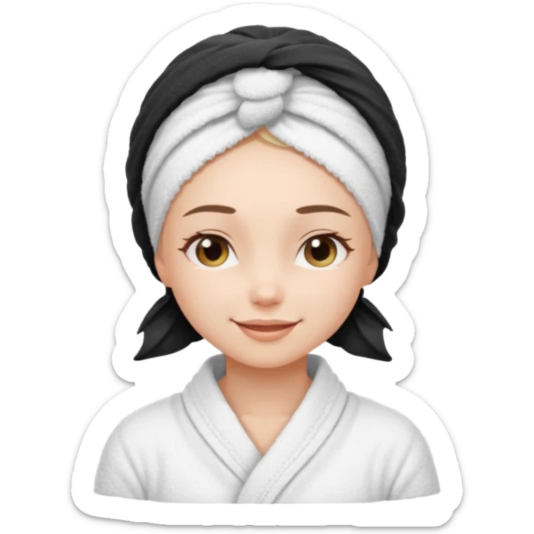cute girl with her eyes closed and smiling, wearing a spa towel as her clothes in she has a spa towel on her head with no visible hair sticker