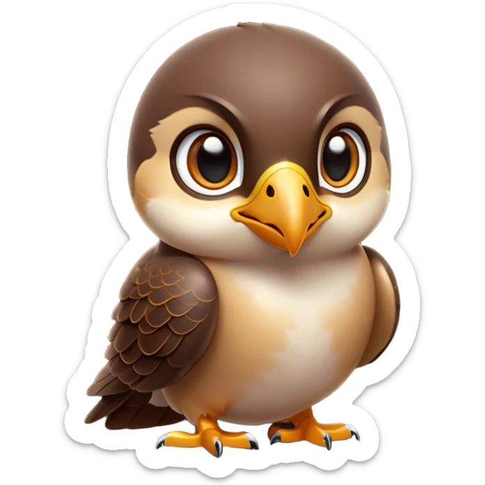 Cinematic Cute Falcon Portrait Emoji, Head tilted playfully and inquisitively, featuring a sleek, agile form with a delicately curved beak and round, sparkling eyes full of spirited charm, Simplified yet irresistibly adorable features, highly detailed, glowing with a warm, inviting glow, high shine, affectionate and lively, stylized with a touch of whimsical aerial grace, soft glowing outline, capturing the essence of a mischievous yet endearing falcon that seems as if it could dart out of the screen into your heart! sticker