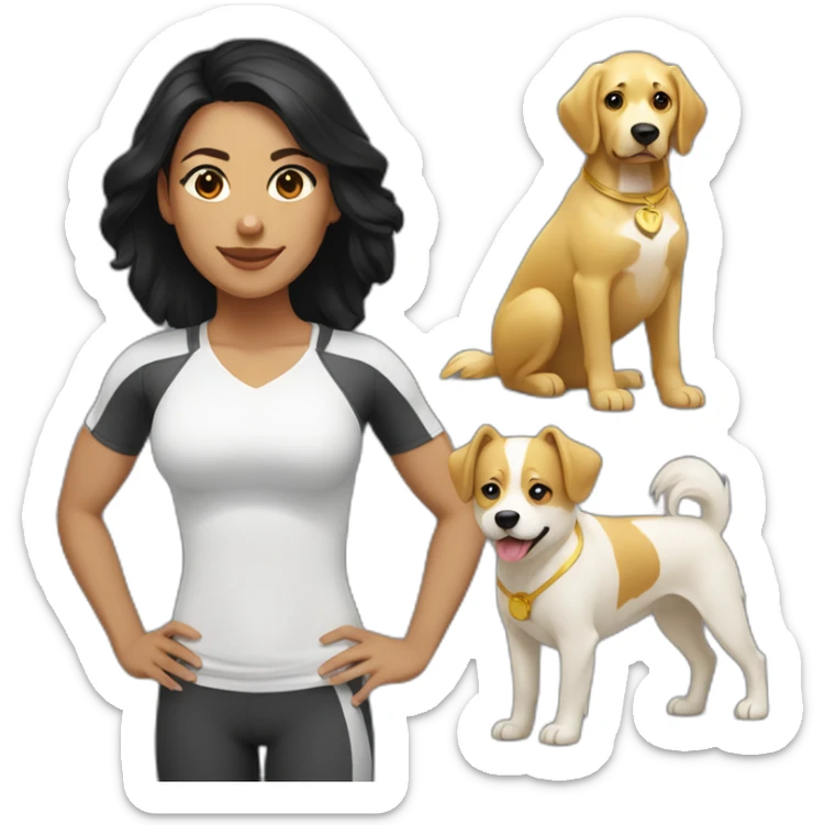 crossfit woman with black hair, white and doing lowering. And a golden dog at her side sticker