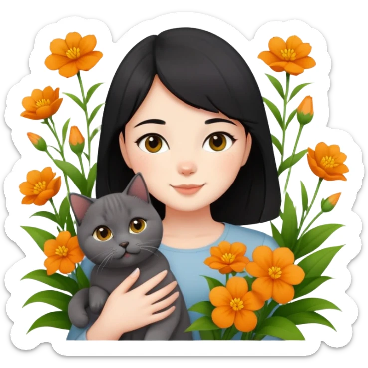 A black-haired girl happily holds a Ginger British Shorthair Cat in the flowers sticker
