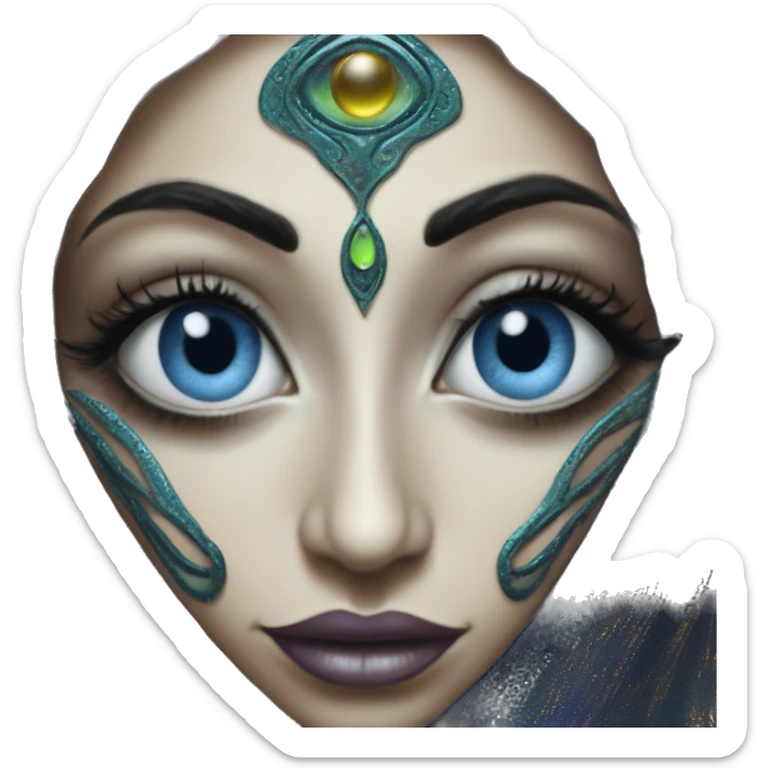 Alien in Aladdin style, oil paint, UFO eyes, intricate lips, closeup portrait, beautiful, desirable, logical, Christian, Arabic sticker