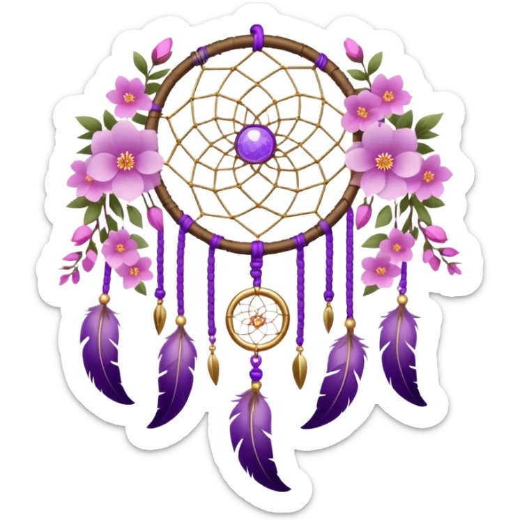 A white Dreamcatcher. with purple-round-orbs, gold-rings hanging down. purple flowers, pink sakura flowers, sticker