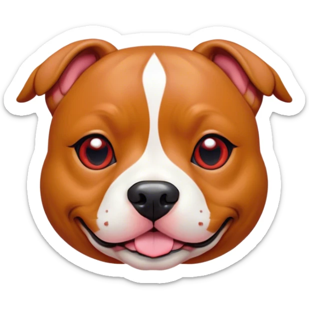 Cinematic Cute Red/Fawn Staffordshire Bull Terrier Portrait Emoji, Head tilted playfully and inquisitively, featuring a glossy red/fawn Fur with a vibrant sheen and delicate white accents, round, sparkling dark eyes filled with curiosity, Simplified yet irresistibly adorable features, highly detailed, glowing with a warm, friendly glow, high shine, affectionate and spirited, stylized with a touch of whimsy, bright and endearing, soft glowing outline, capturing the essence of a mischievous yet loving pup, so playful it feels like it could bound out of the screen and into your arms! sticker