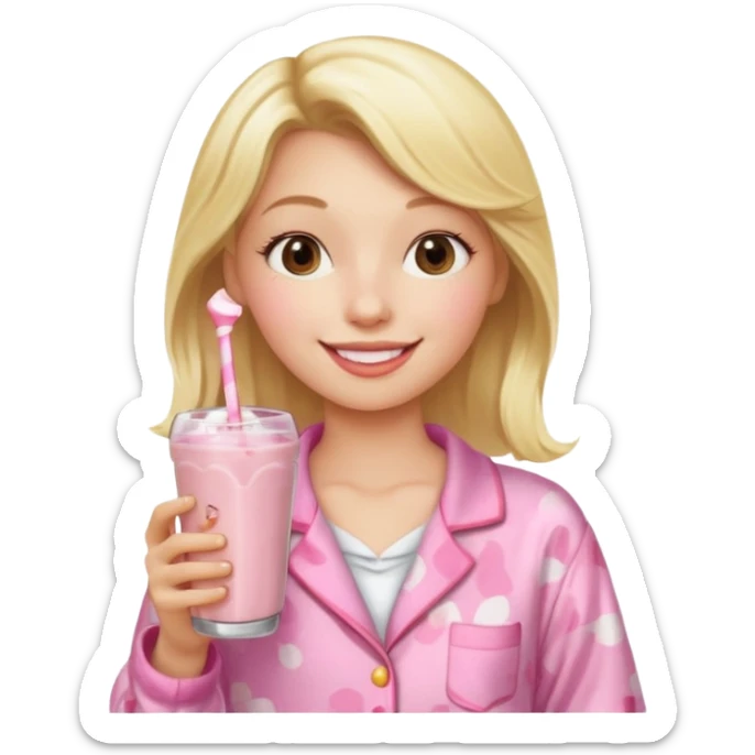 Ein Blondes mädchen was einen erdbeershake trinkt und blond ist und eine rosa ne Pyjama an hat sticker