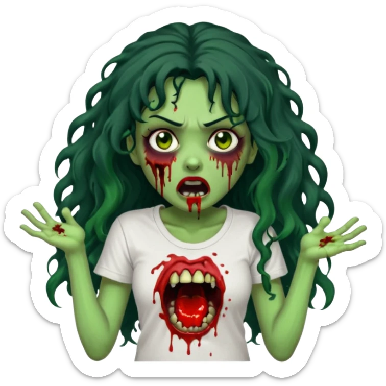 a zombie with long curly black hair volumoso, brown eyes, a white t-shirt and a splash of blood on her t-shirt, mouth open like a zombie, green skin color, not much expression, no drawing on shirt, no hands showing, less blood on her face, less blood, black hair and black eyes sticker