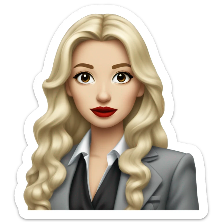 Russian Blonde long hair with big red lips small nose and black eyes Tiffany diamond seller in a grey suit sticker