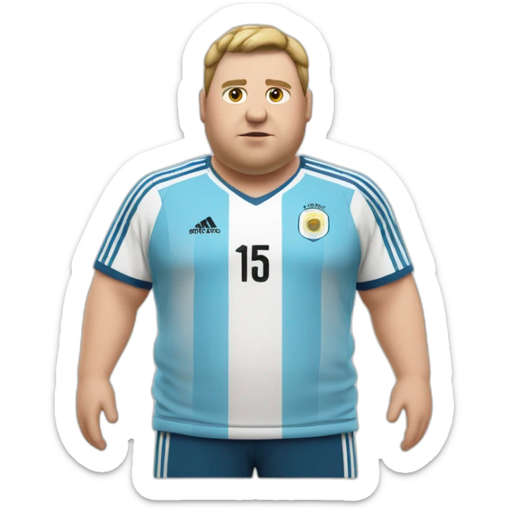 fat obese white man. short hair. Argentina soccer shirt. play soccer sticker