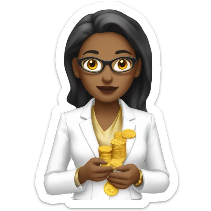 Posh-woman-with-white-suit-holding-golden-coins only upperbody sticker