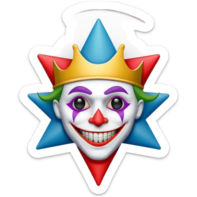 1 poker card, perfectly squared card, with crazy colorful human jolly joker inside, star symbol with a "J" sticker