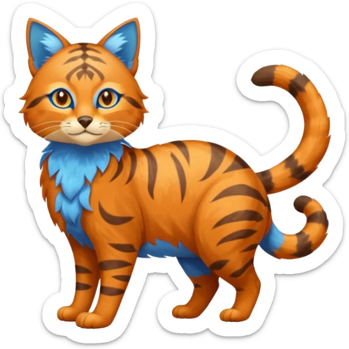 Colorful brown with blue and orange tropical exotic shiny beautiful fantasy-Vernid-Cacomistle-Ocicat-animal-Fakémon-hybrid-fursona (full body) sticker