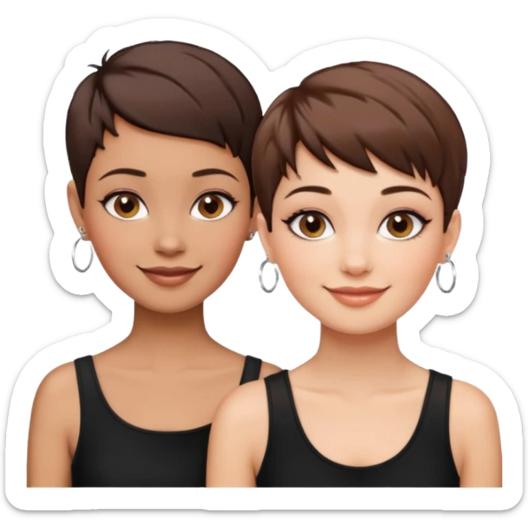 Puerto Rican fair skin straight brown pixie cut hair with hoop earrings make up and my best friend brown  colored pixie cut with jewelry and makeup on her face besties side-by-side wearing black  sticker
