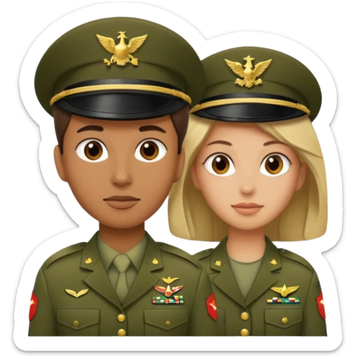 one emoji (female) wearing Army combat uniform and a second emoji (male) wearing the army green service uniform sticker
