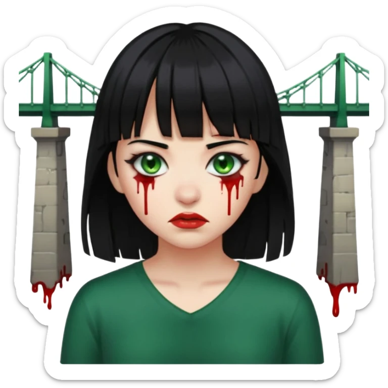 Guria com cabelo preto franjinha sangrando olhos verdes  fundo preto e um piercing bridgepiercing sticker