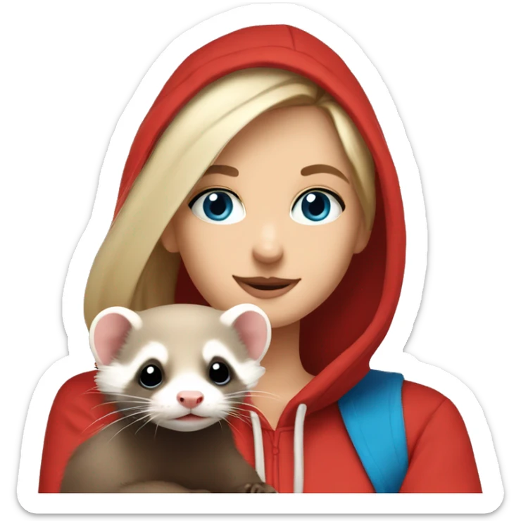 Ferret in hands of a blond girl with blue eyes and long eyelashes  in red hoodie  sticker