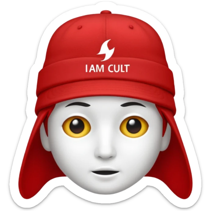 Red hat with no person in it that says "I AM IN A CULT" in white text sticker